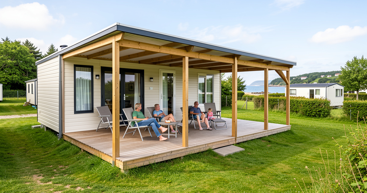 Mobil home moderne avec terrasse semi-couverte dans un camping verdoyant en Bretagne Sud