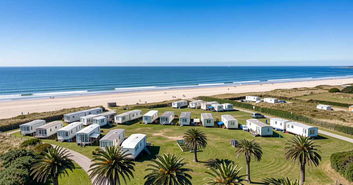 Vue aérienne de mobil-homes alignés près d'une plage de sable fin en Bretagne Sud