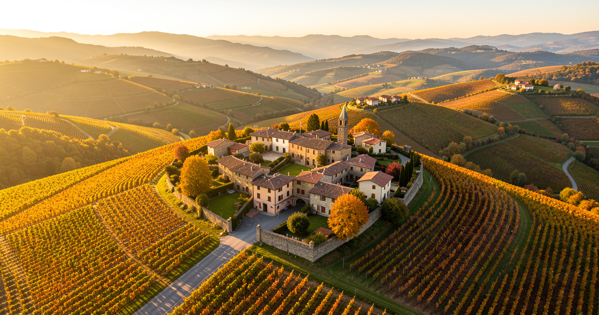 Vue aérienne du hameau de Pietra d'Alba entouré de vignobles des Langhe en automne