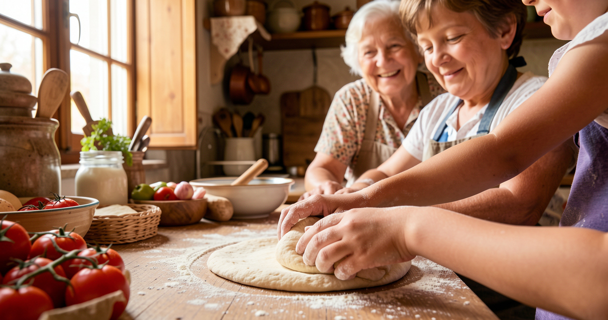 Enfant apprenant à faire une pizza avec sa grand-mère italienne dans une cuisine traditionnelle