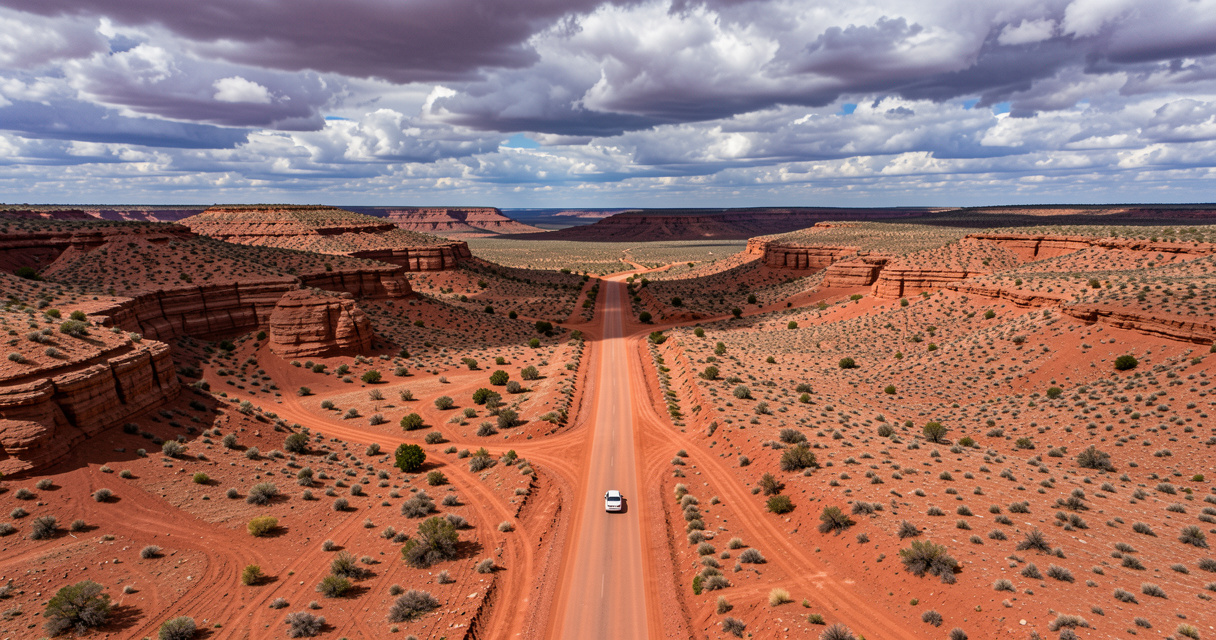 Voiture circulant sur une piste caillouteuse dans le désert des Bardenas Reales en Navarre