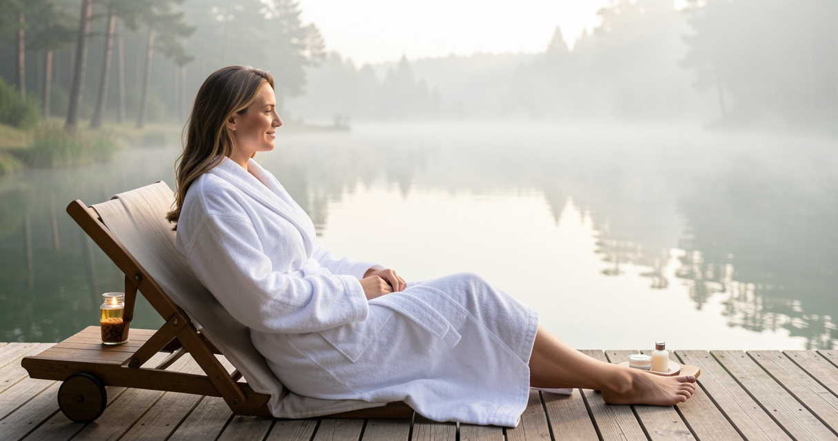 Femme en peignoir blanc profitant d'une vue paisible sur un lac pour un week-end seule ressourçant