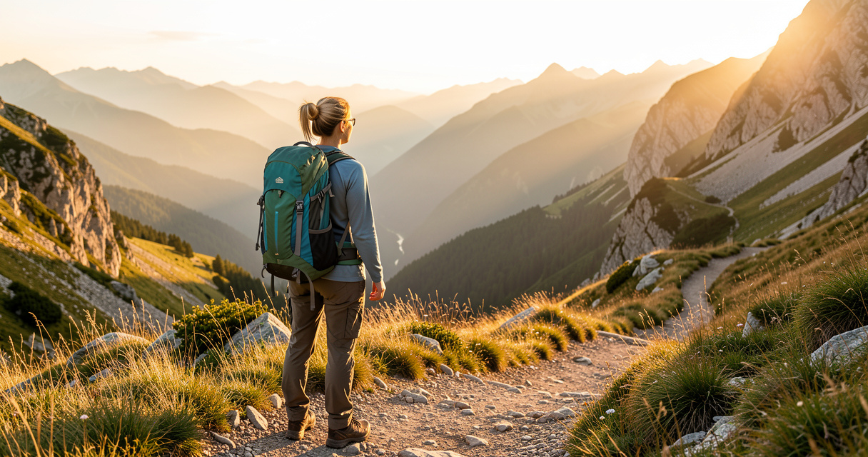 Randonneuse seule contemplant une vallée montagneuse lors d'une escapade bien-être en solo