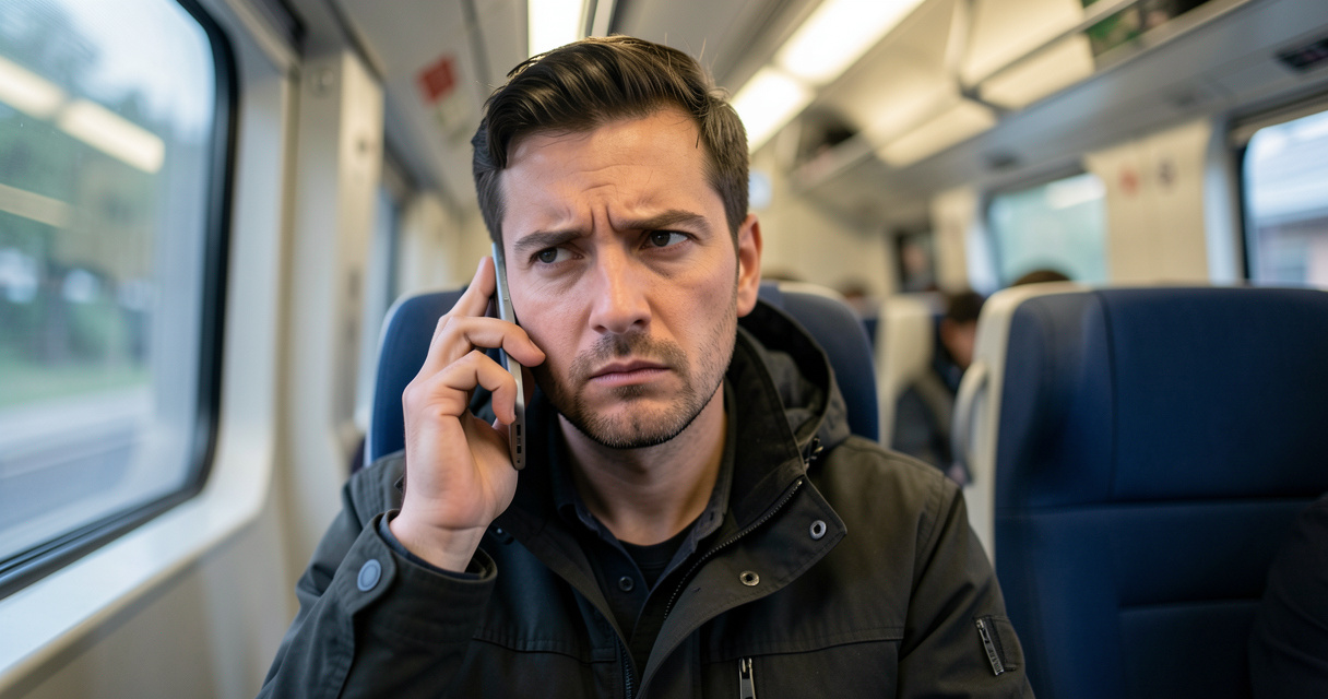 Voyageur stressé appelant le 3117 numéro d urgence SNCF à bord d un train moderne