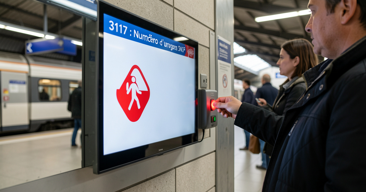 Borne d appel d urgence SNCF 3117 en gare ferroviaire avec bouton rouge