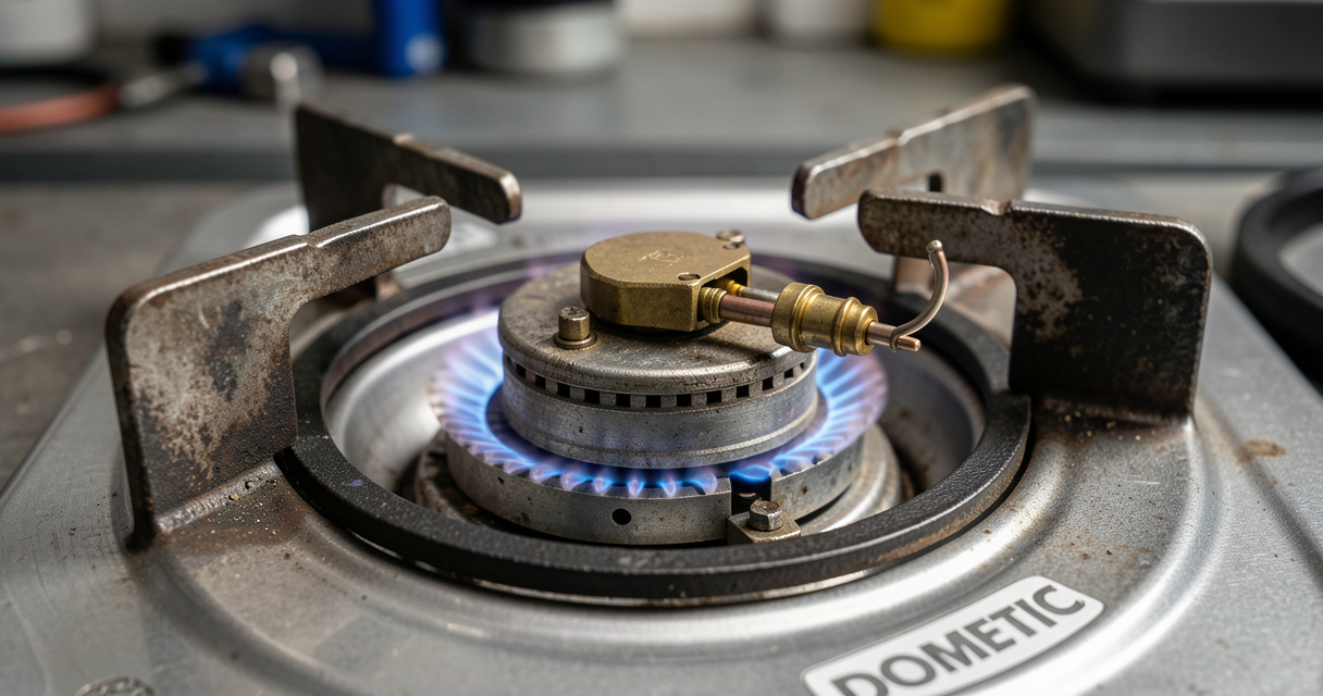Thermocouple et électrode d'allumage d'un frigo gaz Dometic de camping-car visibles sur le brûleur
