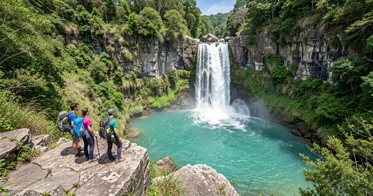Randonneurs admirant la cascade de Purcaraccia haute de 40 mètres et ses piscines naturelles