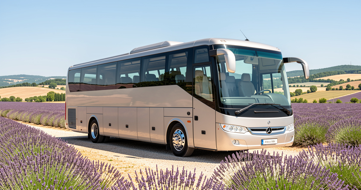 Autocar de tourisme moderne garé devant un champ de lavande en Provence, idéal pour un voyage organisé en autocar.