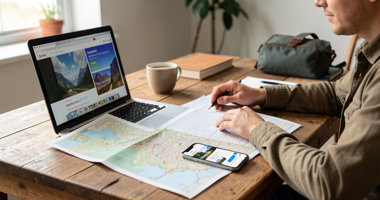 Personne organisant son voyage sur un ordinateur avec une carte et un smartphone, concept de planification de voyage