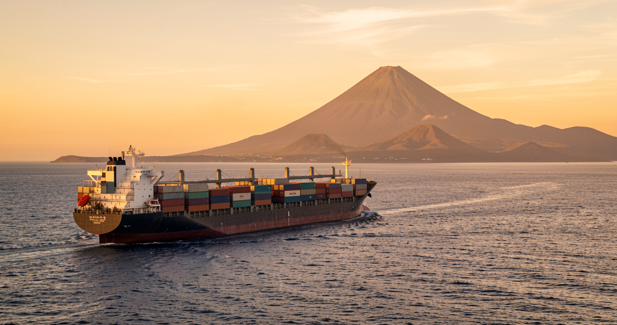 Cargo traversant l'océan Indien vers La Réunion, coucher de soleil avec volcan en arrière-plan