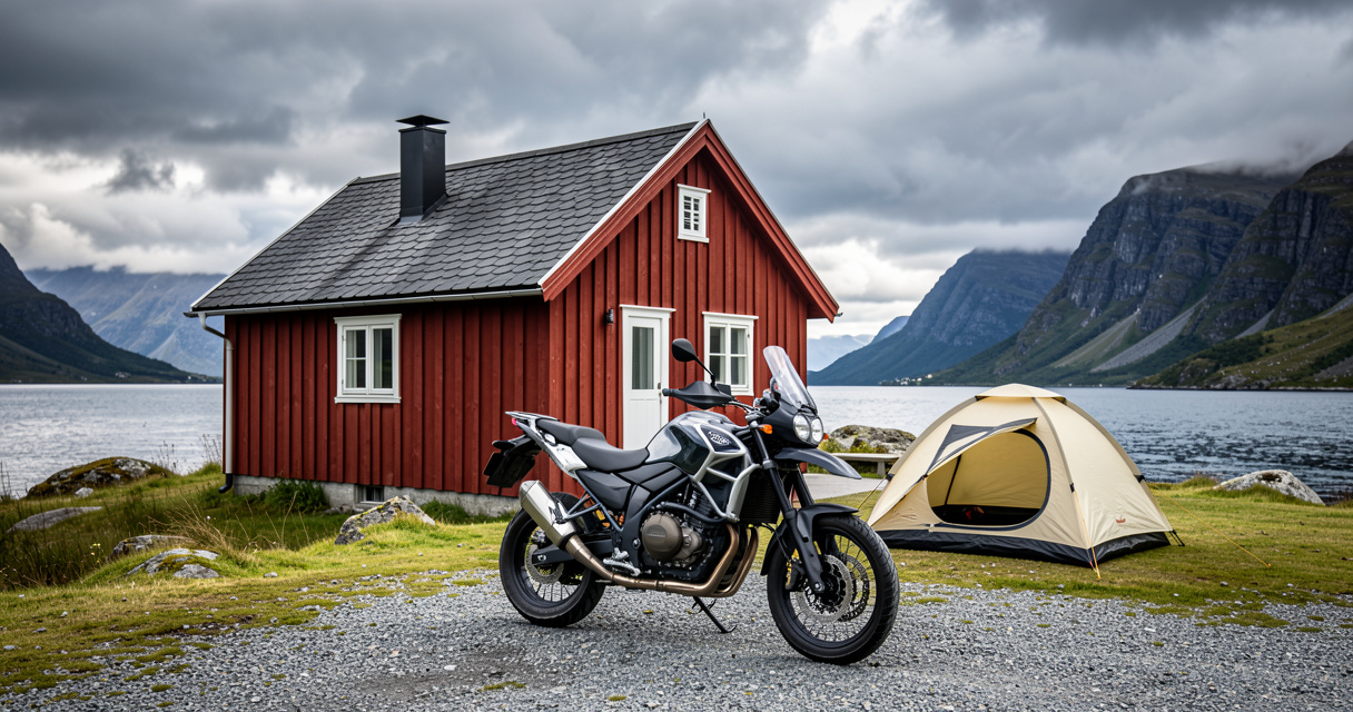 Road trip moto Cap Nord : tente et moto trail devant une hytte norvégienne dans les fjords