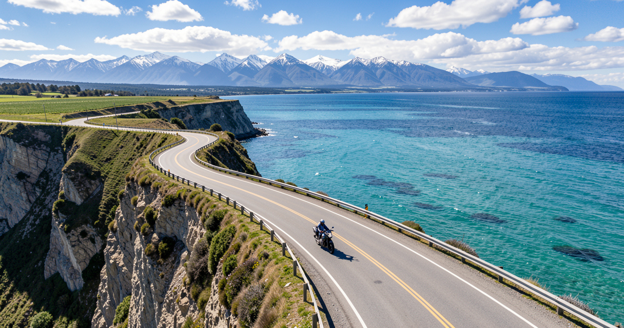 Itinéraire moto Norvège : route 17 à flanc de falaise avec vue sur la mer et les montagnes