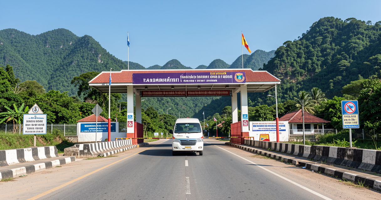 Frontière entre Thaïlande et Laos, minibus passant le poste de douane pour un visa run