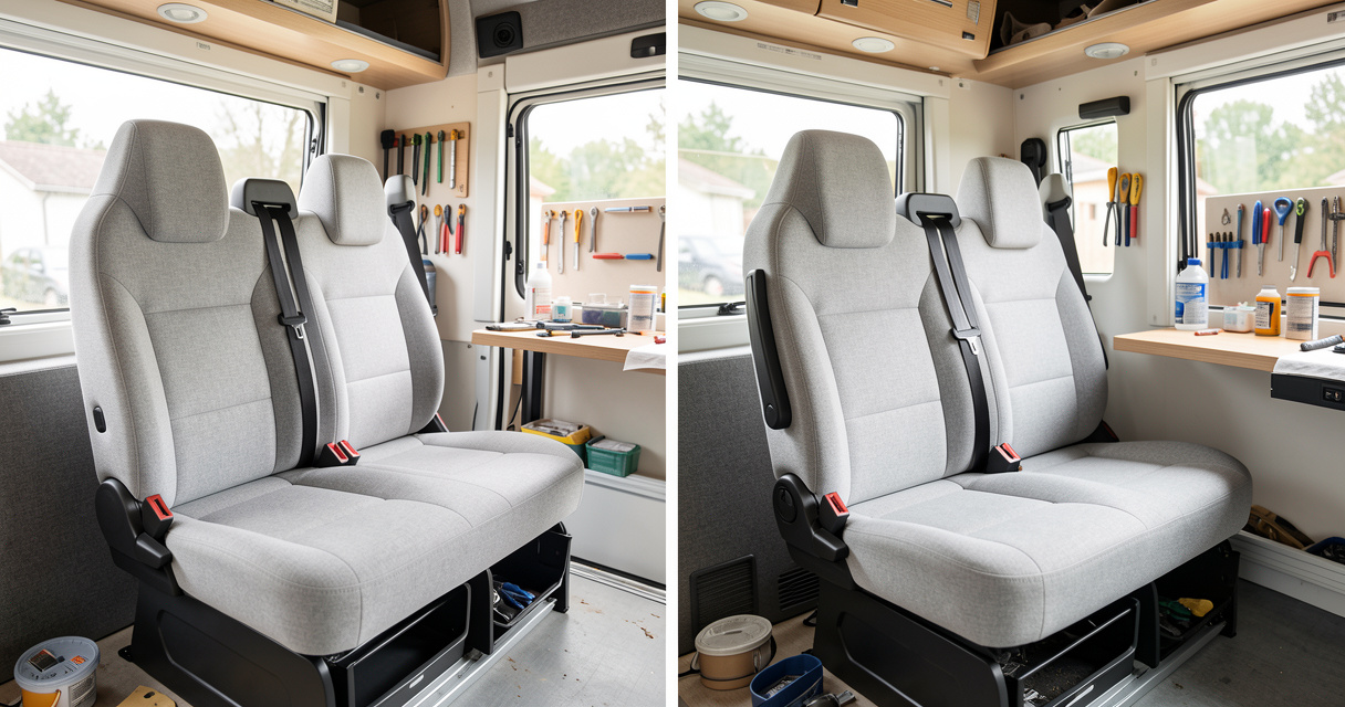 Rénovation sellerie camping-car avant après : assises refaites en tissu gris clair dans un atelier professionnel