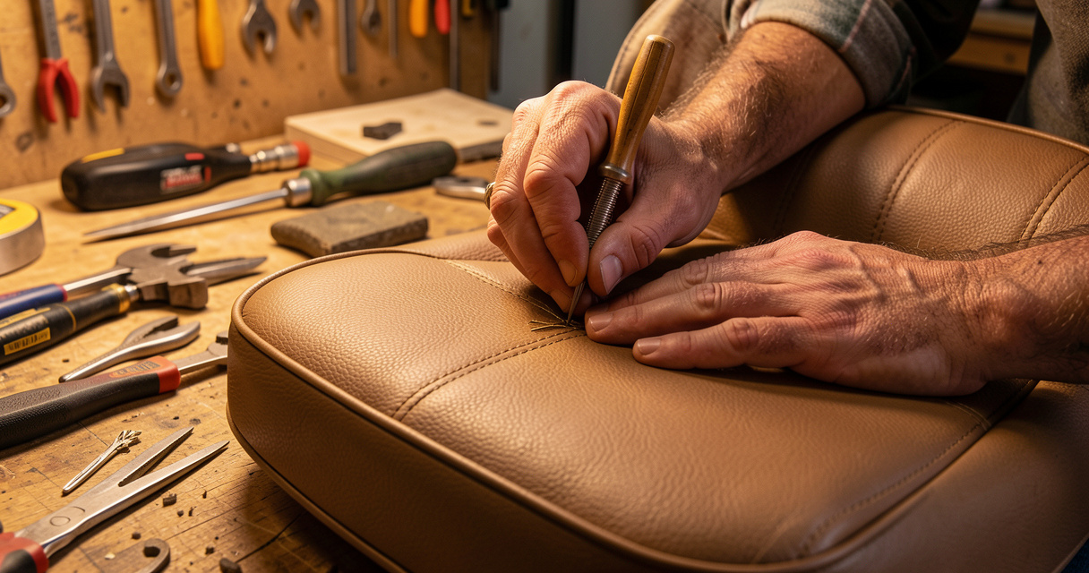 Artisan sellier en train de coudre à la main une housse de siège en simili cuir pour camping-car