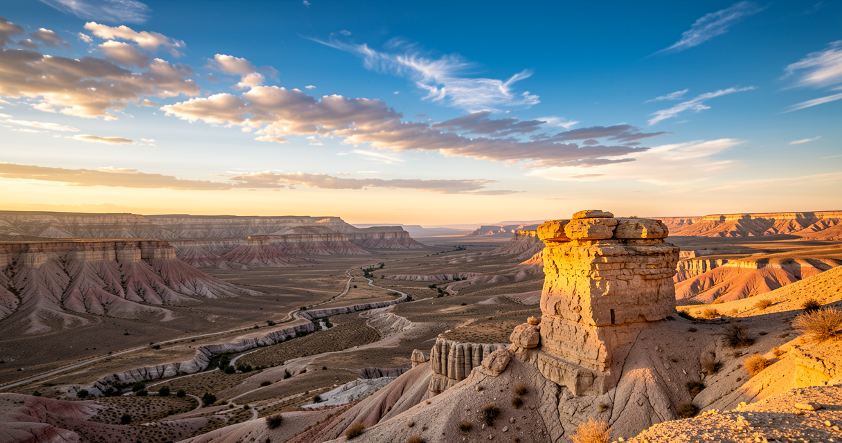 Vue panoramique de la Bardena Blanca avec Castildetierra au coucher du soleil