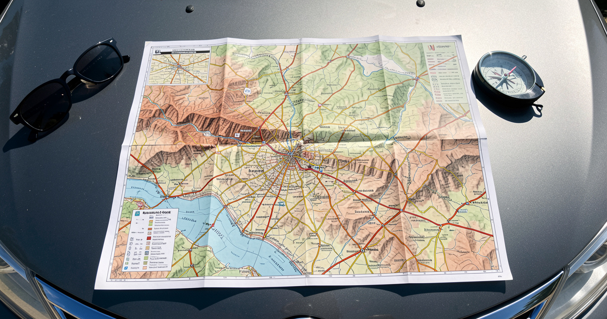 Carte papier des Bardenas Reales dépliée sur un capot de voiture avec accessoires