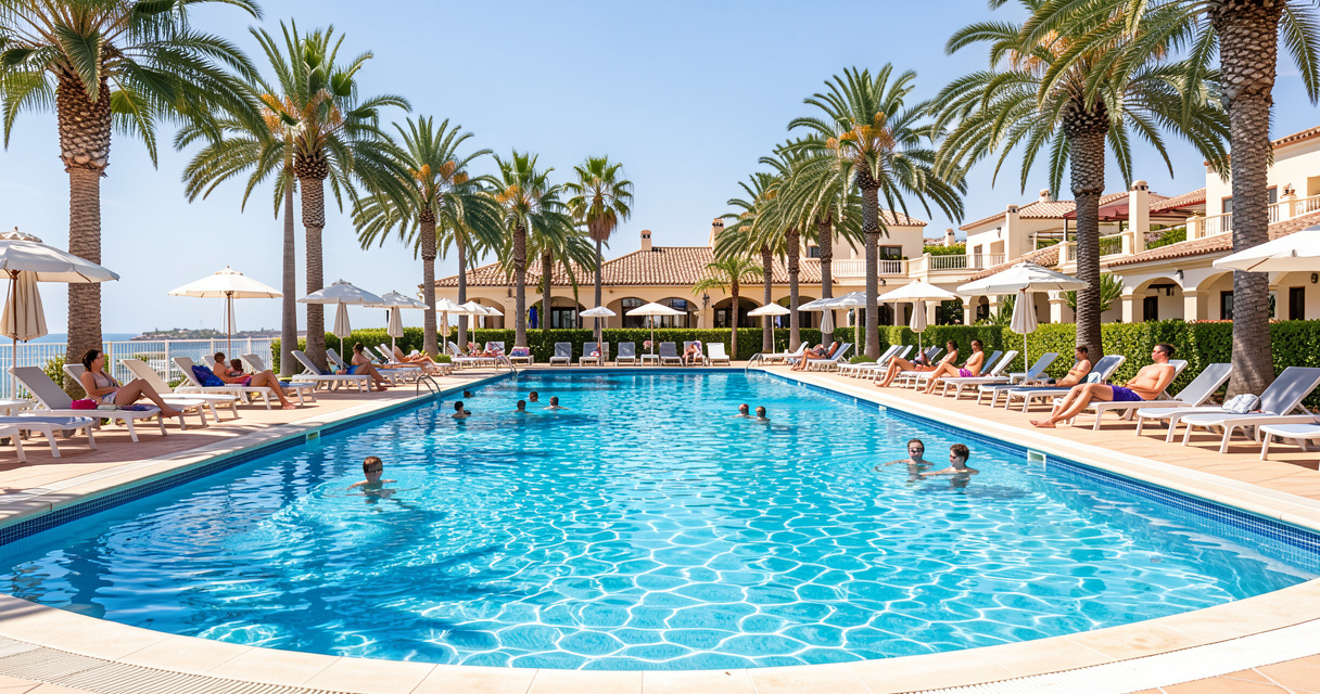 Piscine du club de vacances à Malaga avec palmiers et transats en été