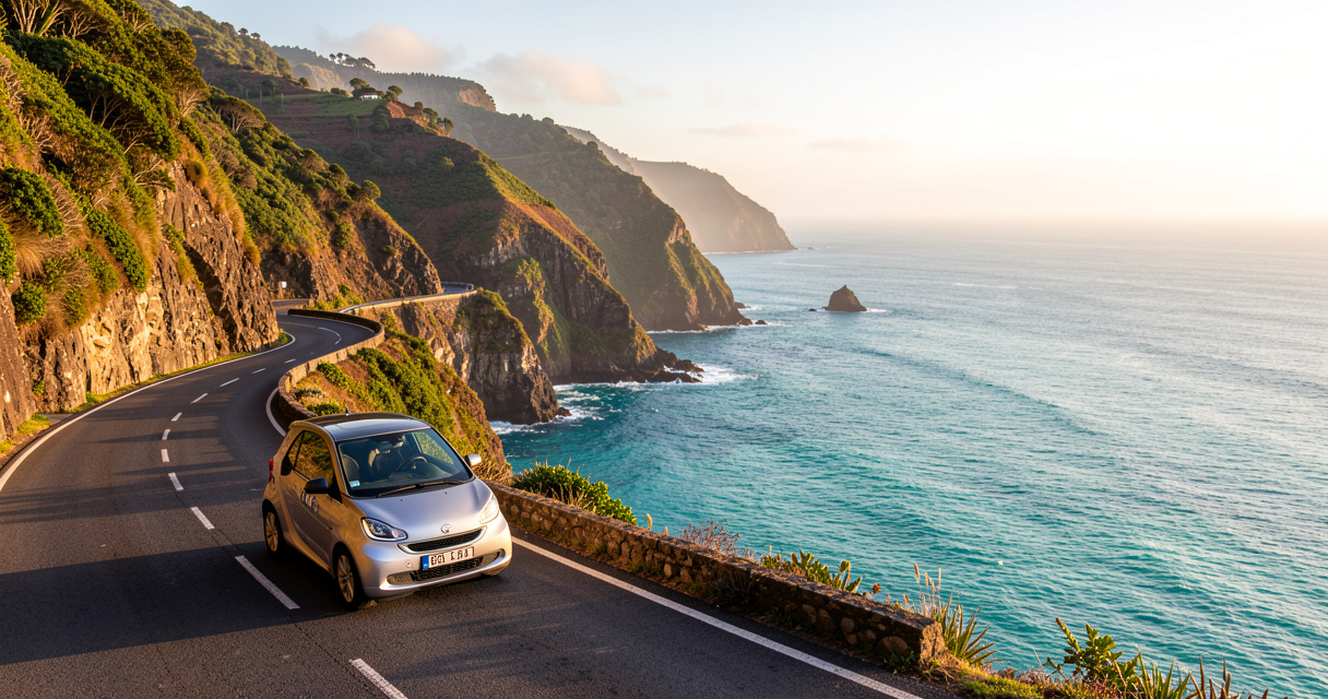 Route côtière sinueuse à Madère avec vue sur l'océan Atlantique et falaises verdoyantes pour un tour de l'île en voiture