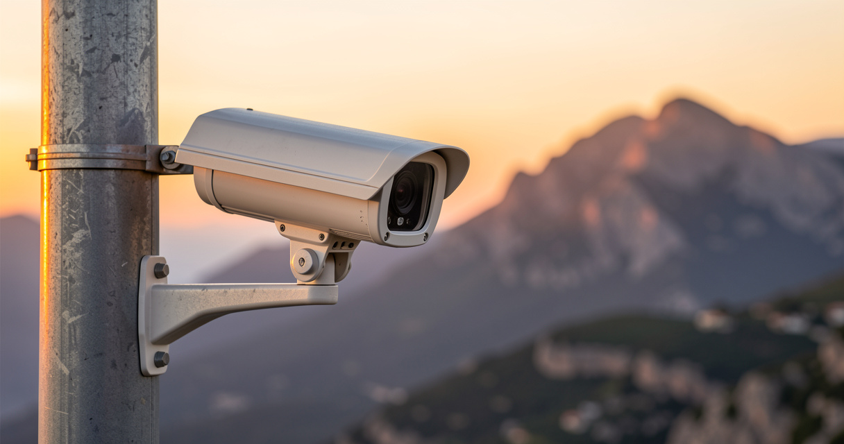 Gros plan sur la webcam de surveillance du col de Vizzavona avec les montagnes corses en arrière-plan