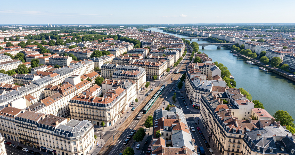 Vue aérienne du quartier Bordeaux centre avec tramway et bâtiments résidentiels pour location longue durée