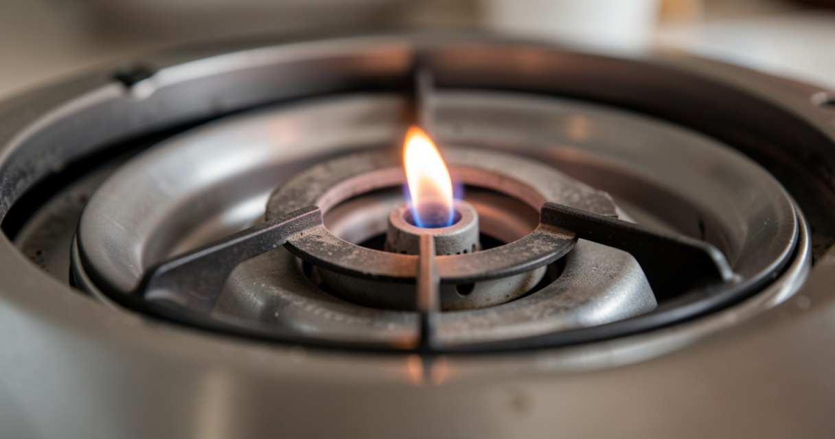 Gros plan sur le brûleur d'un chauffage Truma avec flamme visible pour le dépannage