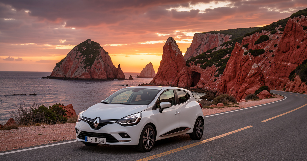 Road trip Corse 10 jours : voiture sur la route des Calanques de Piana au coucher du soleil