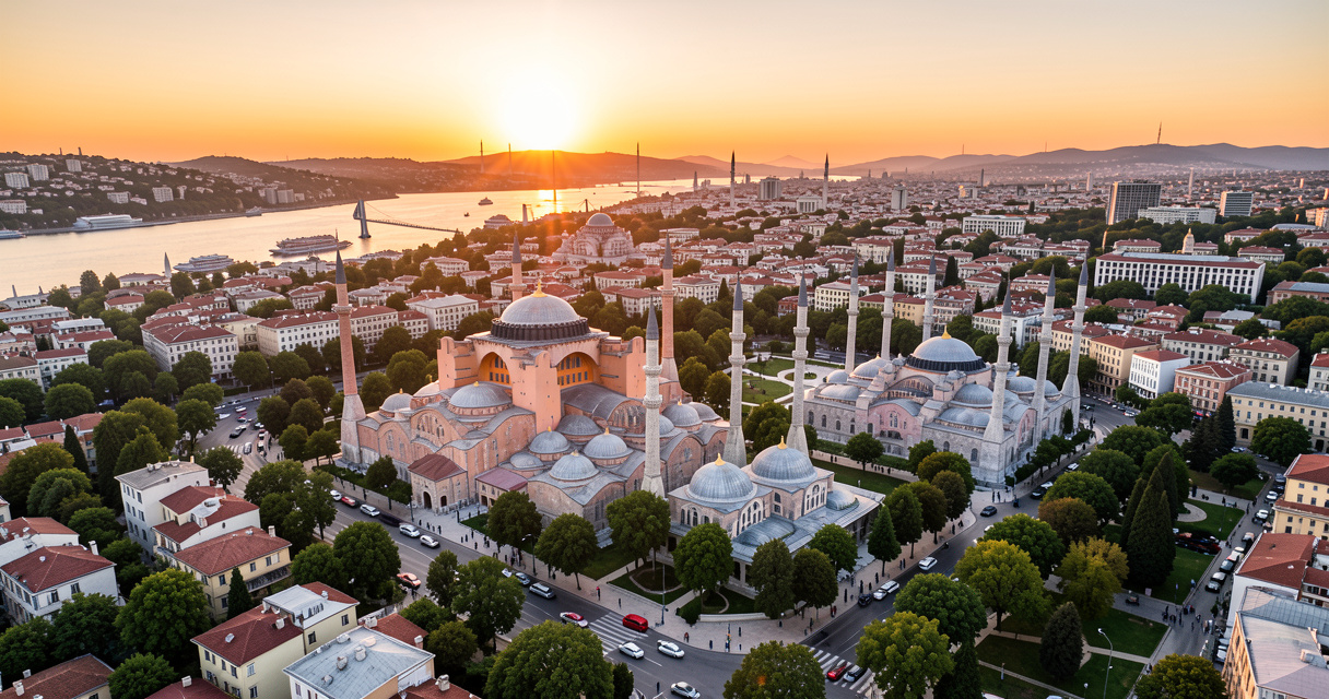 Vue aérienne du quartier Sultanahmet avec la Mosquée Bleue et Sainte-Sophie au coucher du soleil