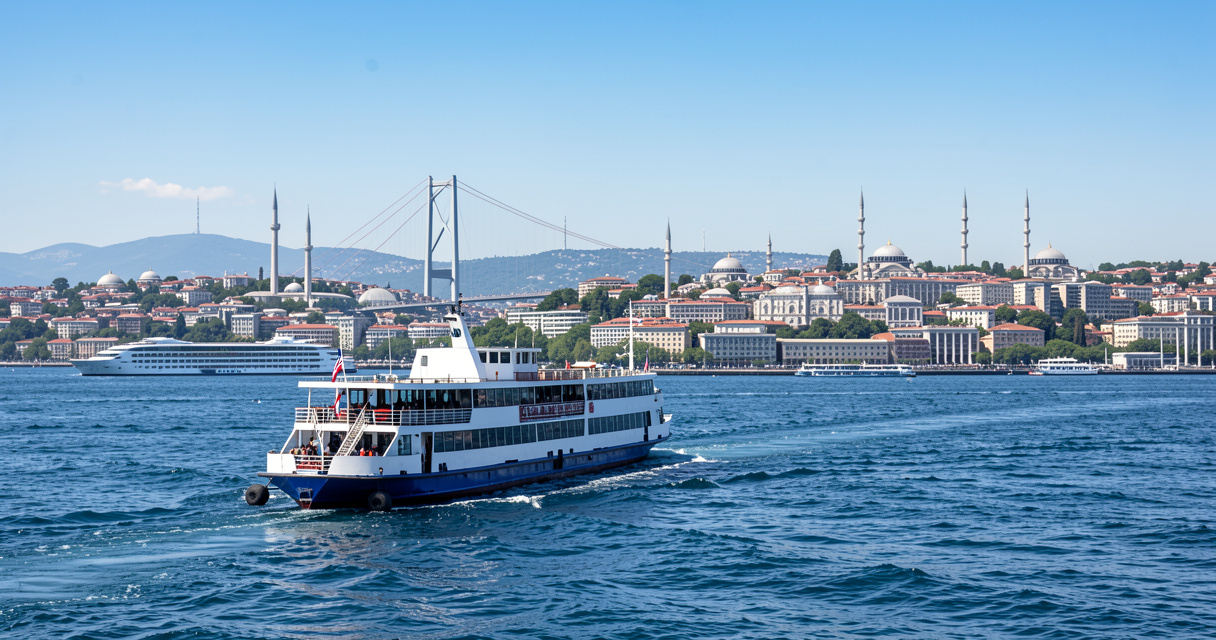 Ferry traversant le Bosphore avec la rive asiatique d'Istanbul en arrière-plan