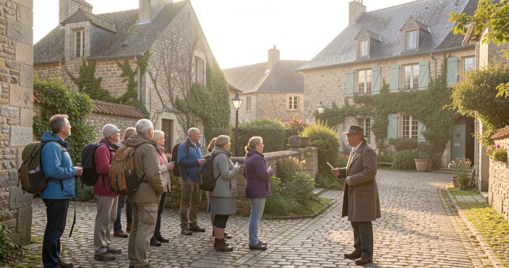 Voyageurs découvrant un village patrimonial préservé en France lors d'un itinéraire culturel équilibré