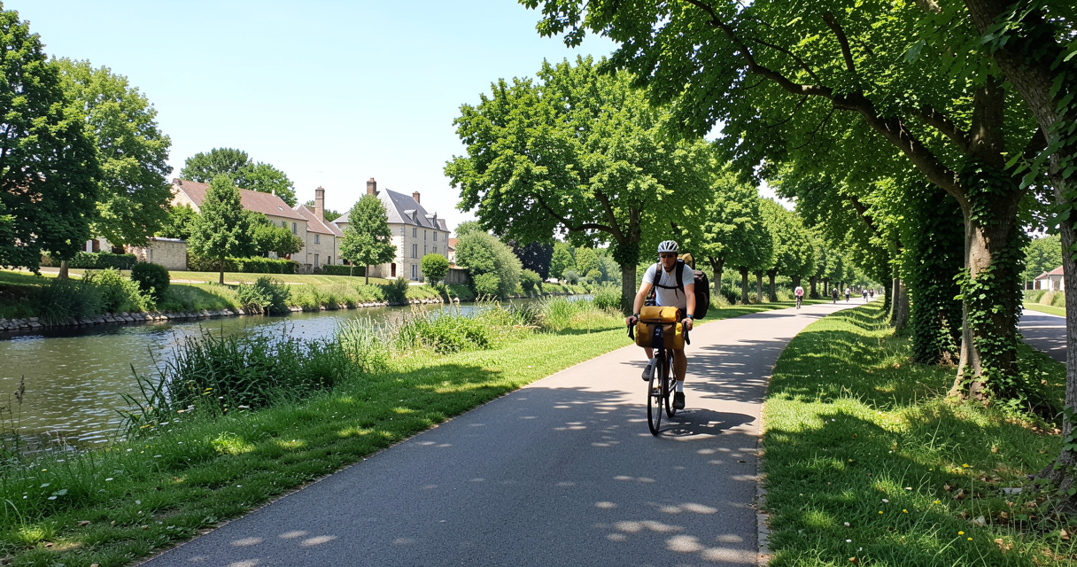 Cycliste sur une voie verte le long d'un canal en France
