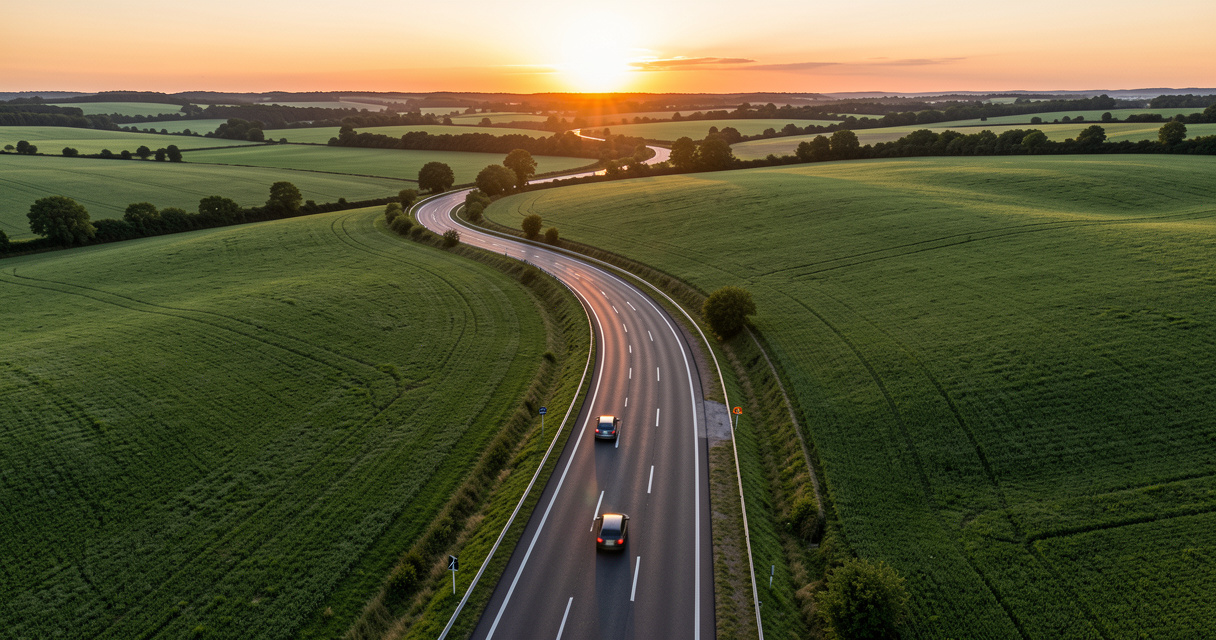 Carte routière de France vue du ciel avec autoroute au coucher du soleil