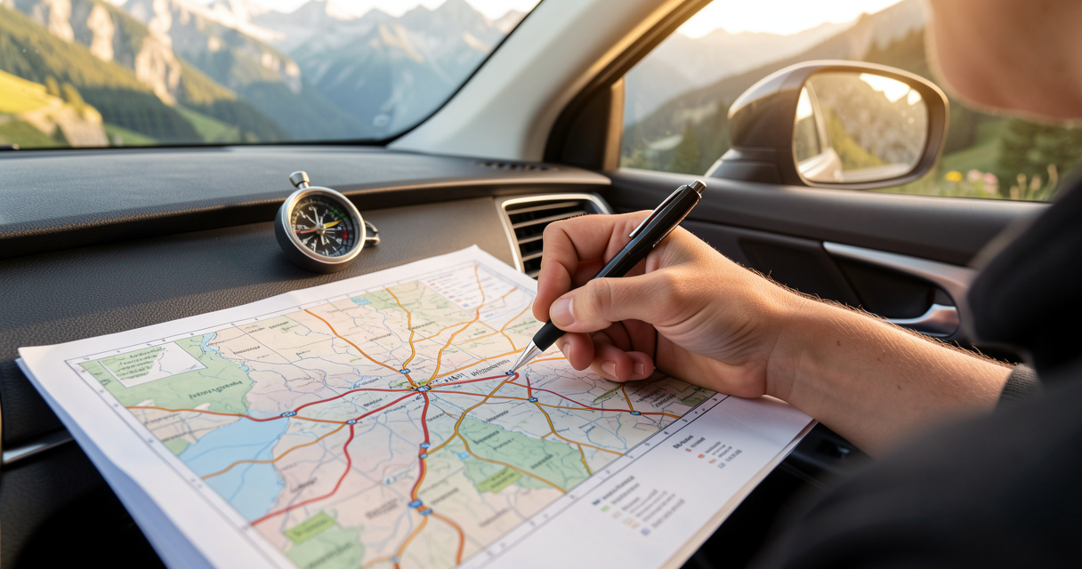 Planification d'itinéraire sur carte routière de France avec un stylo et une boussole