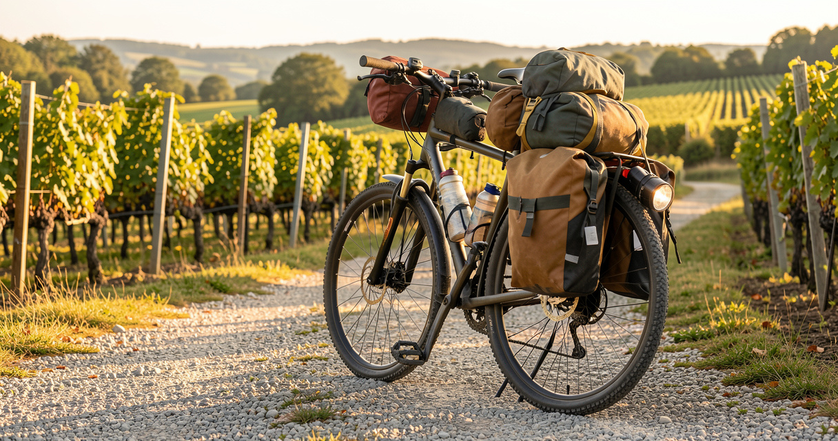 Vélo trekking chargé de sacoches posé sur un chemin de gravier