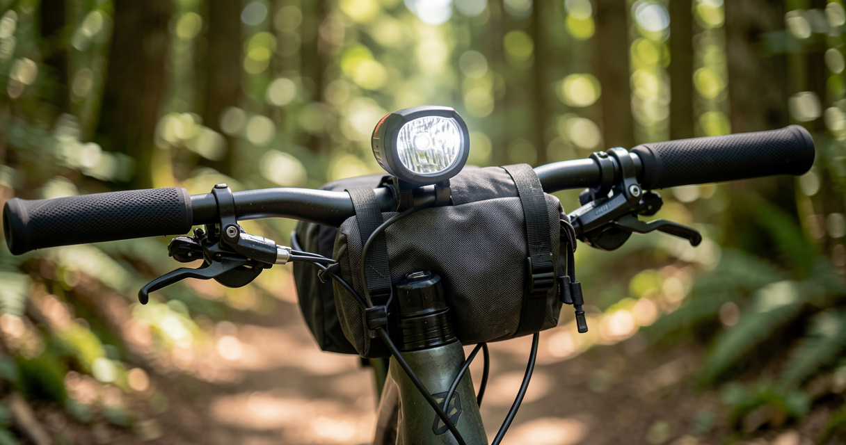 Cintre d'un vélo trekking avec sacoche et éclairage dynamo en forêt