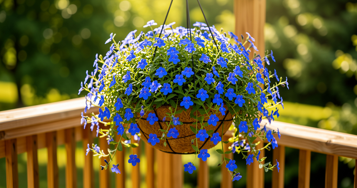 Suspension de lobelia bleu en fleurs sur un balcon en bois en été