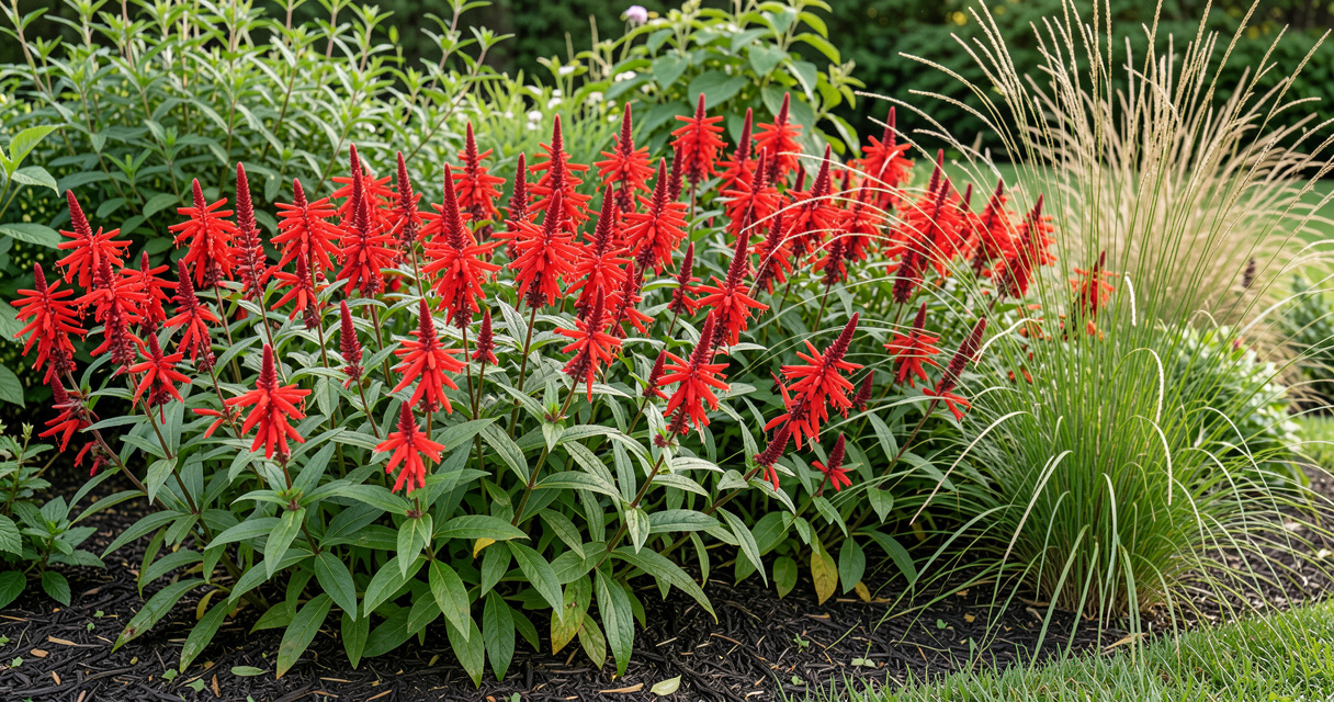 Massif de lobelia cardinalis écarlates et de graminées dans un jardin humide