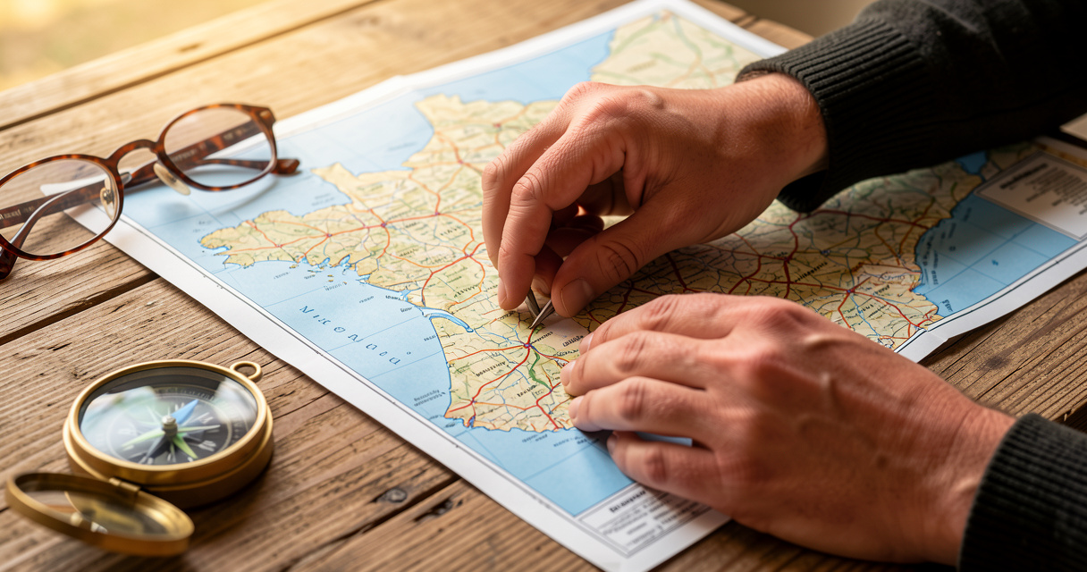 Carte de France détaillée dépliée sur une table en bois avec boussole