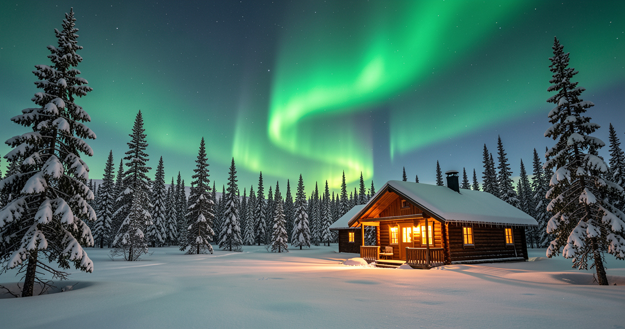 Vacances en Laponie, aurores boréales au-dessus d'un chalet enneigé