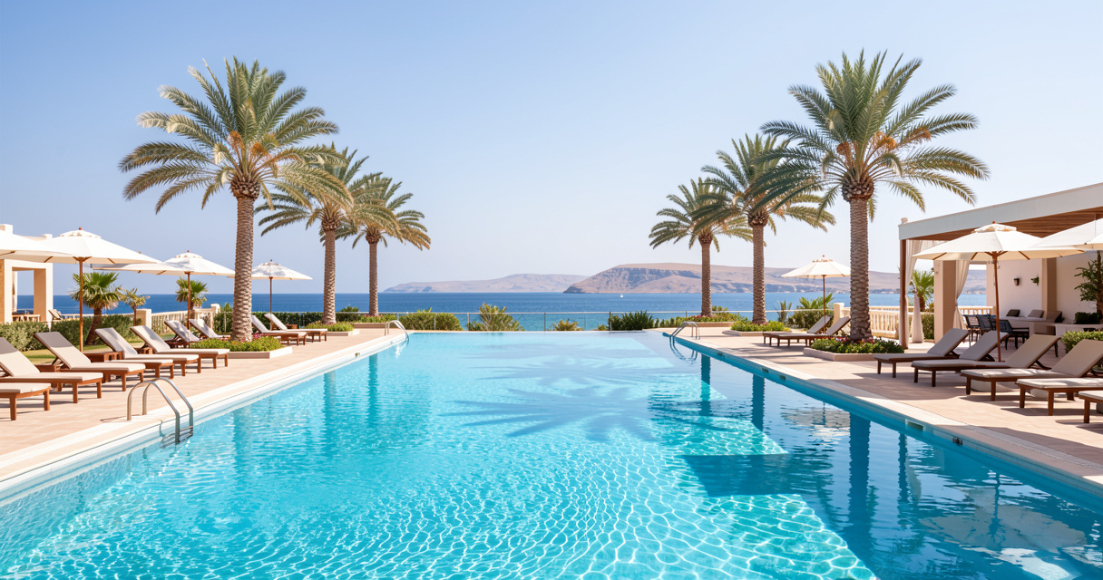 Piscine d'un hôtel tout compris à Djerba, palmiers et mer Méditerranée en arrière-plan