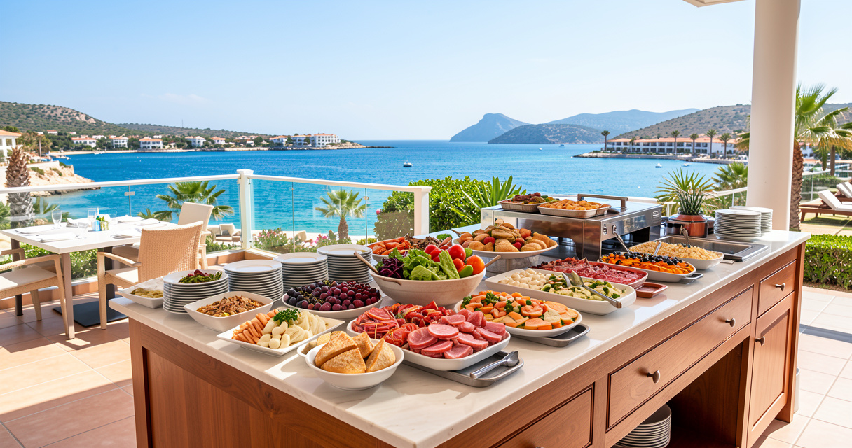 Terrasse buffet d'un club all inclusive à Hammamet face à la mer Méditerranée