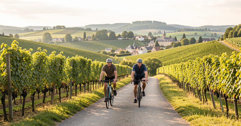 Cyclistes sur une route bordée de vignobles en Champagne.