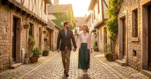Un couple se promenant dans les ruelles romantiques d'un village historique en France lors d'un week-end à deux.