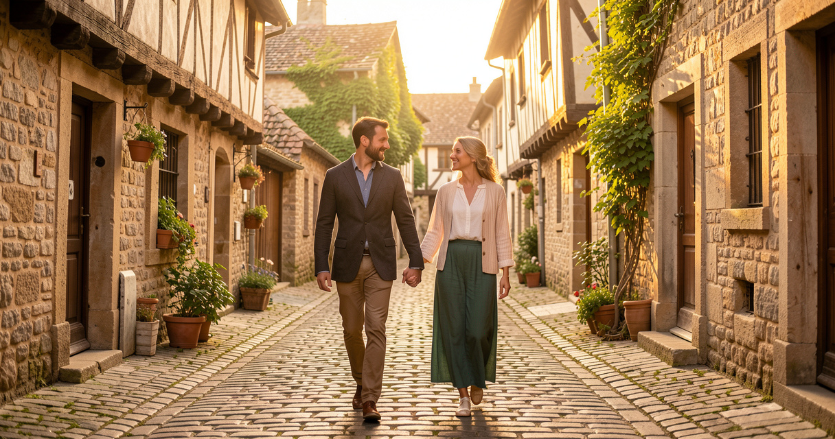 Un couple se promenant dans les ruelles romantiques d'un village historique en France lors d'un week-end à deux.