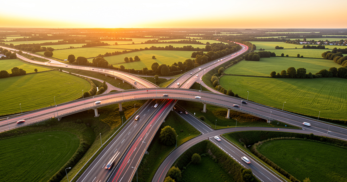 Échangeur autoroutier vu du ciel illustrant une carte France autoroute des grands axes