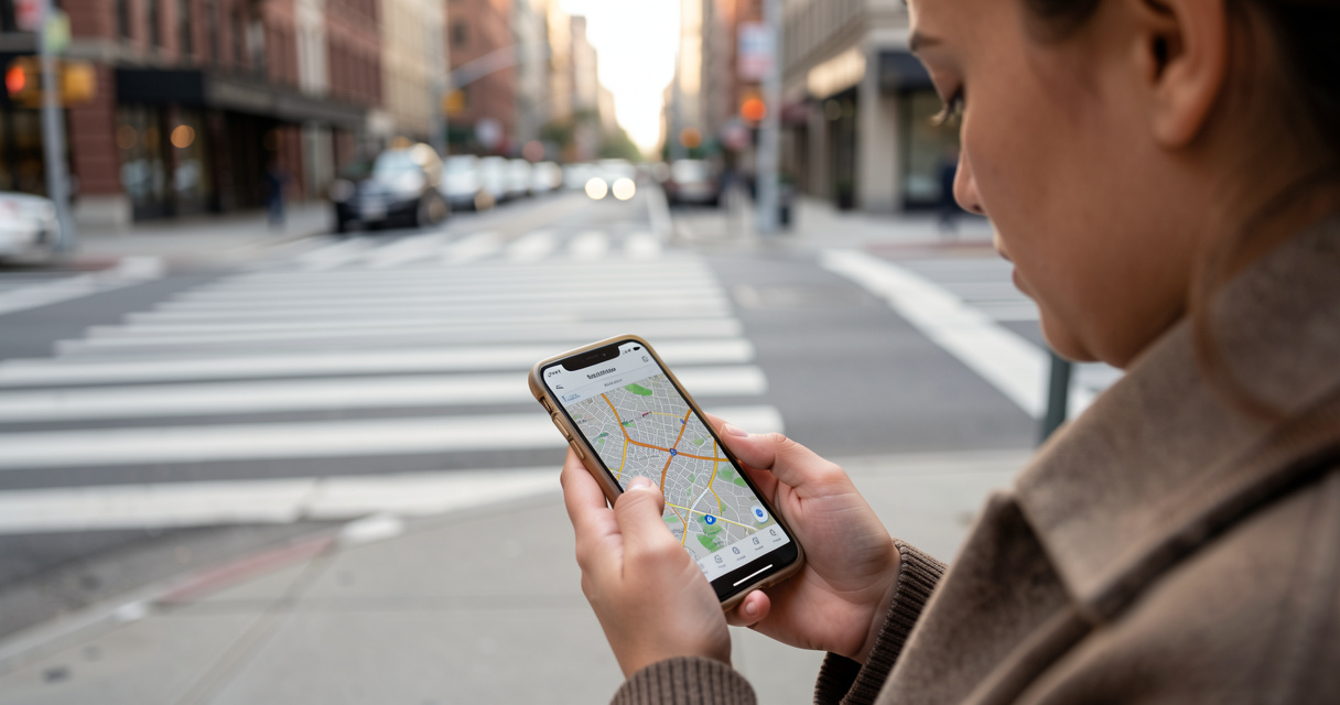 Piéton consultant un itinéraire piéton sur smartphone en ville