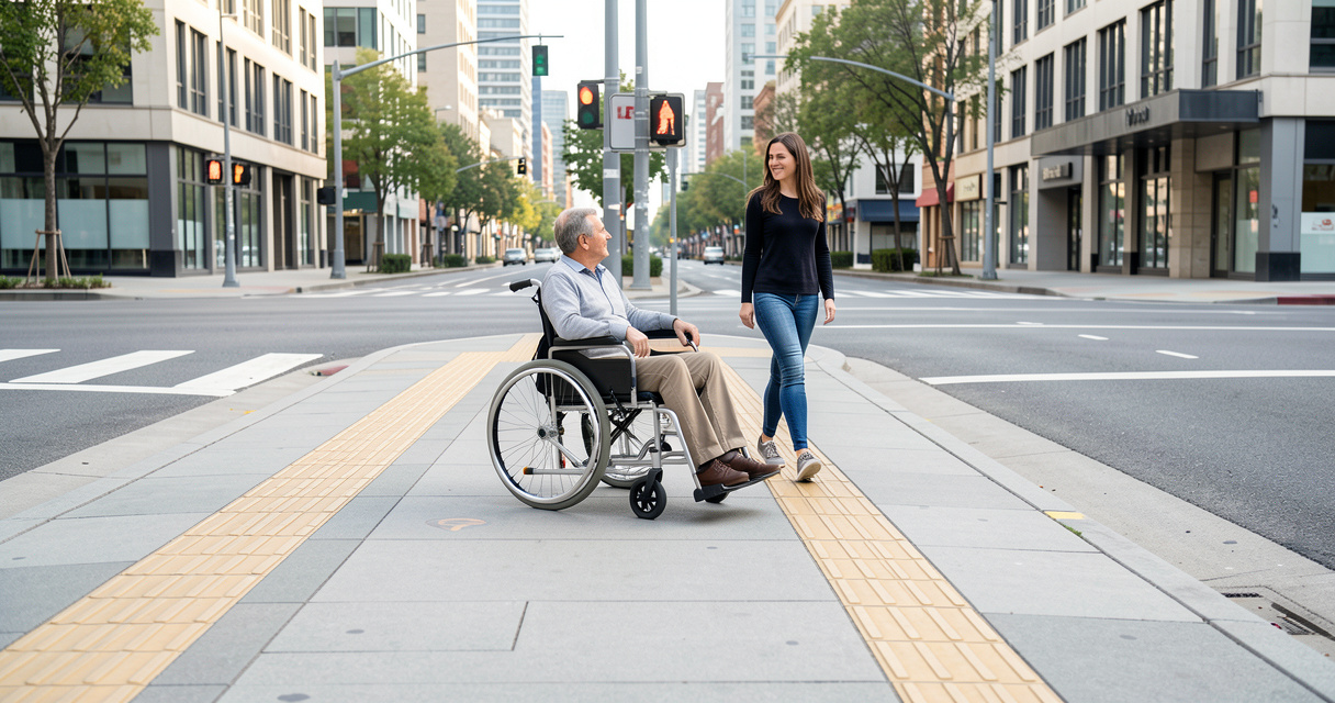 Cheminement piéton accessible emprunté en fauteuil roulant