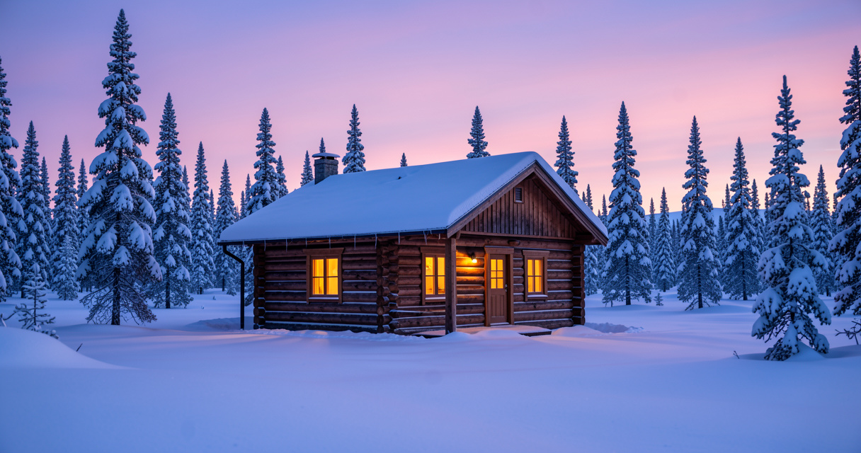 Chalet en bois sous la neige pour un séjour en Laponie magique