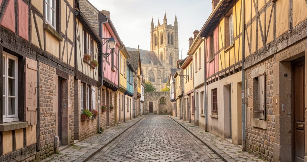 Ruelle pavée bordée de maisons à pans de bois dans la Cité Plantagenêt au Mans