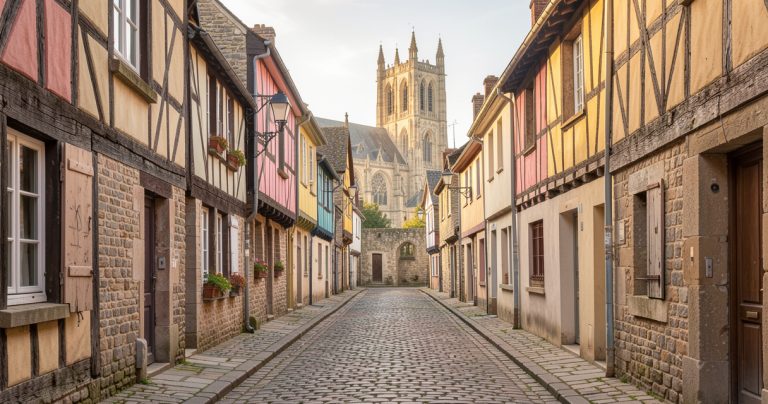 Ruelle pavée bordée de maisons à pans de bois dans la Cité Plantagenêt au Mans